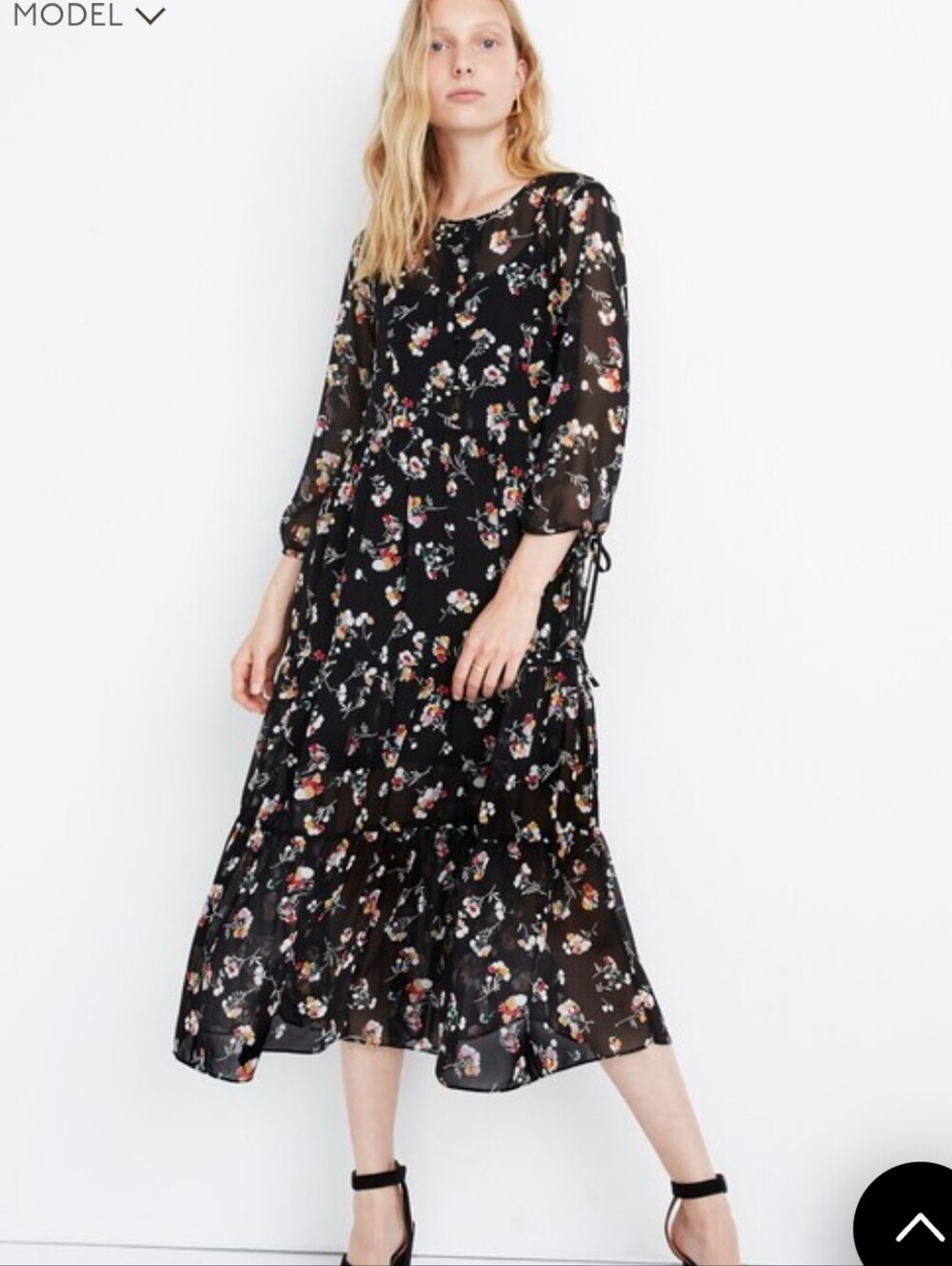 Madewell Black Floral Midi Dress with Red, Yellow & White Blooms